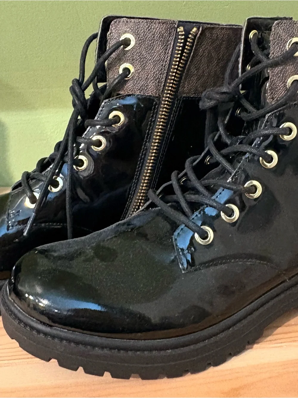 Michael Kors Black Patent Lace-Up Combat Boots with Gold Accents